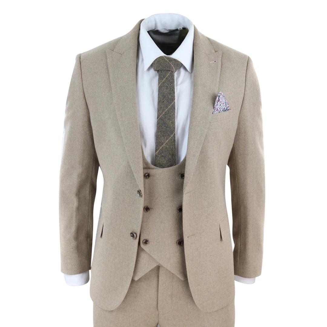 Men Tweed 3 Piece Suit Tan Oak Double Breasted Tailored Fit Wedding - Knighthood Store