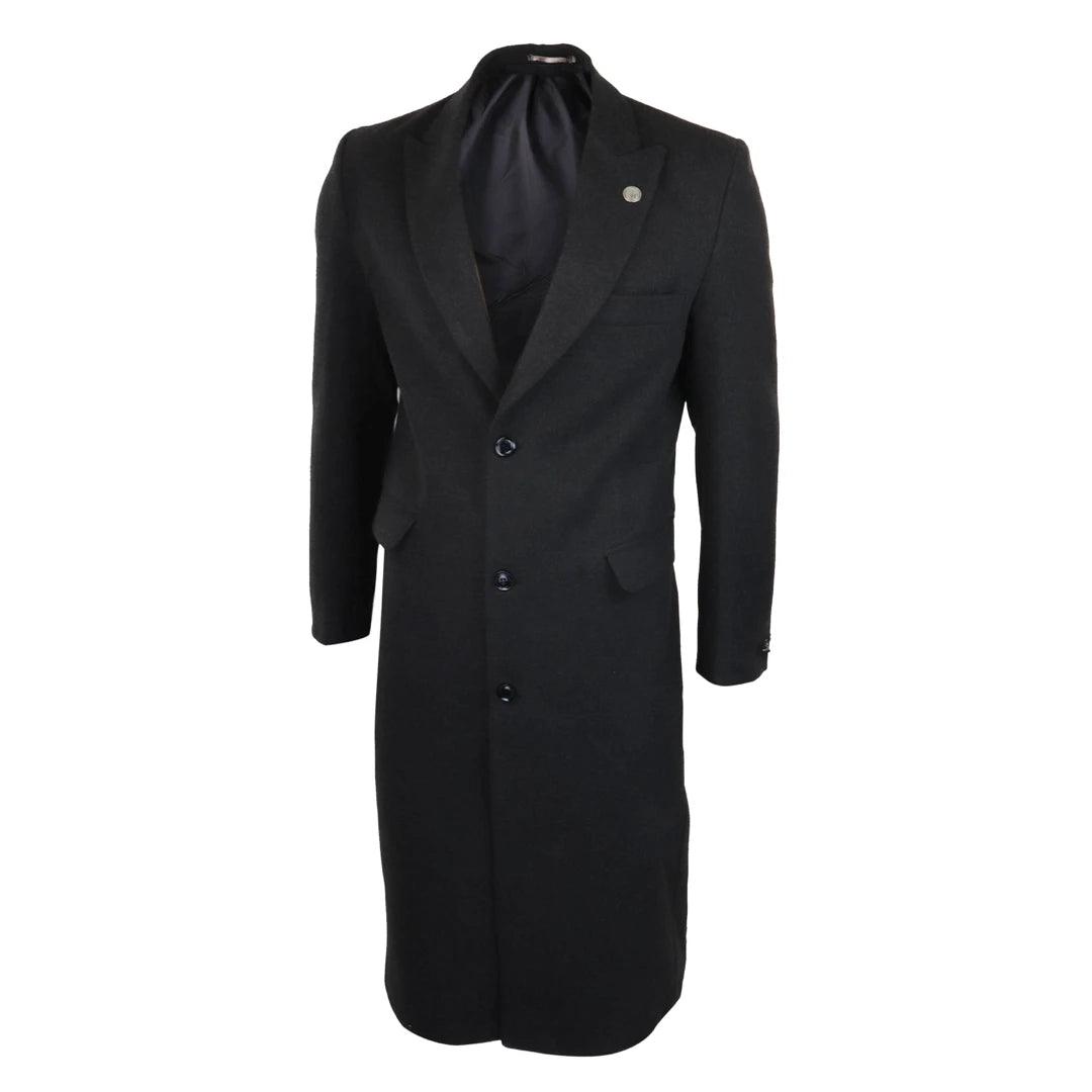 Mens Full Length Overcoat Mac Jacket Wool Feel Charcoal Black 1920s Blinders - Knighthood Store