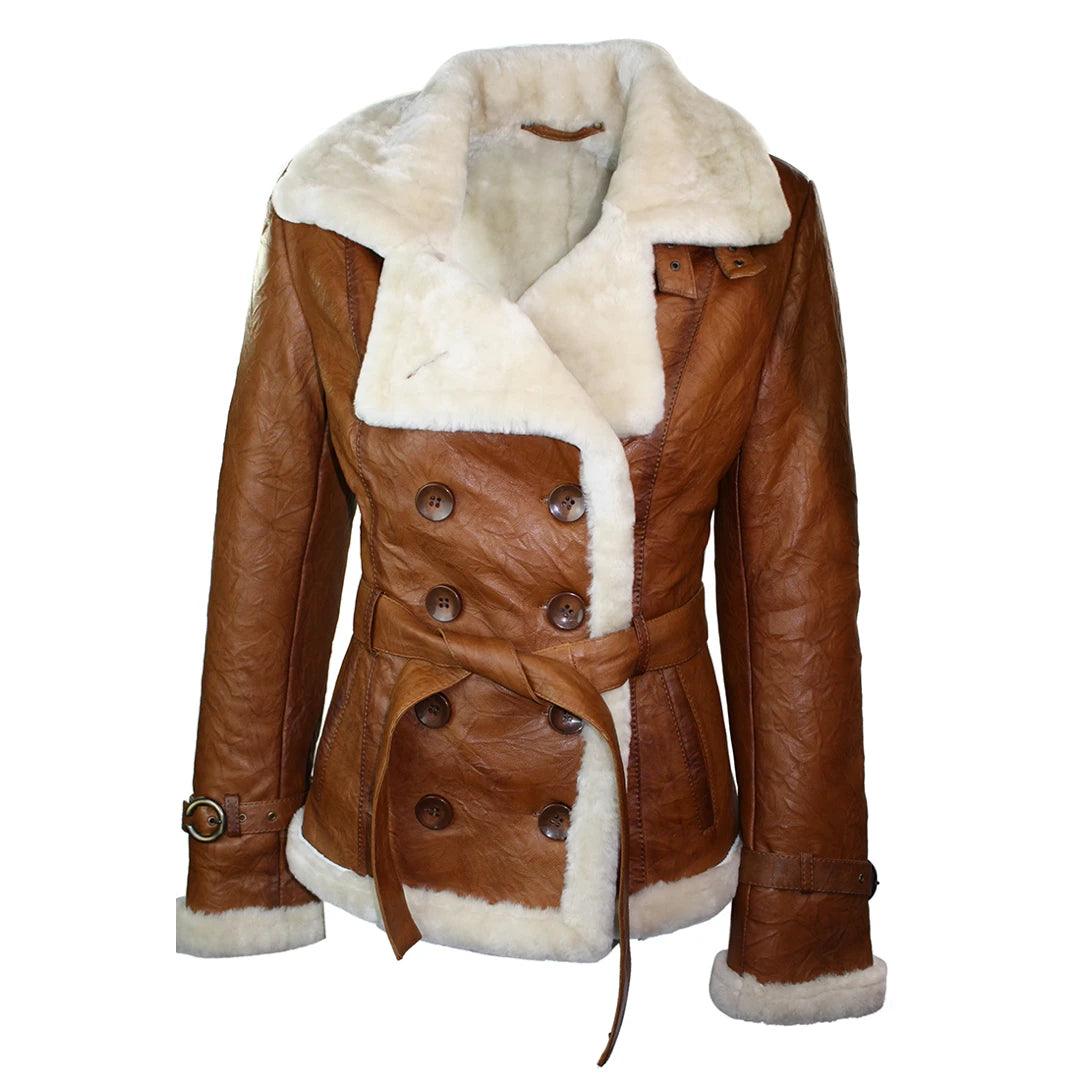 Ladies Women Real Shearling Sheepskin Aviator Tan Brown Leather Jacket - Knighthood Store