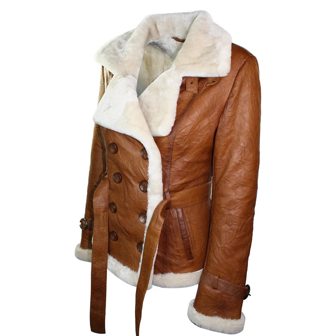 Ladies Women Real Shearling Sheepskin Aviator Tan Brown Leather Jacket - Knighthood Store