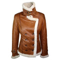 Ladies Women Real Shearling Sheepskin Aviator Tan Brown Leather Jacket - Knighthood Store