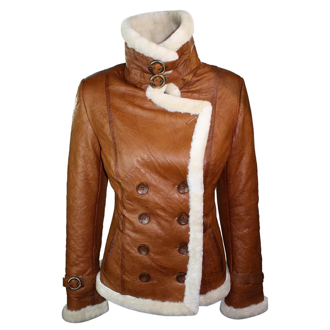 Ladies Women Real Shearling Sheepskin Aviator Tan Brown Leather Jacket - Knighthood Store