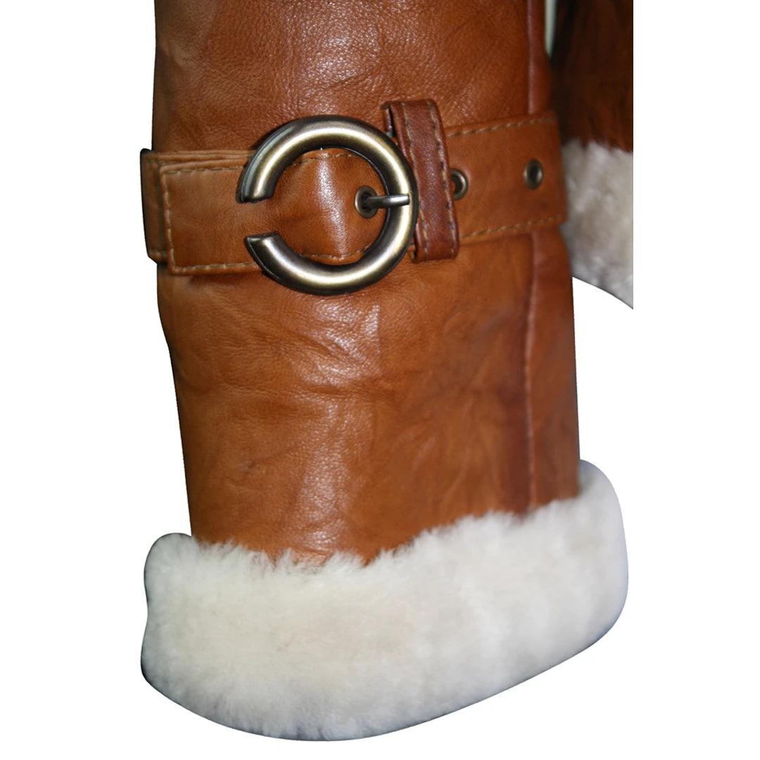 Ladies Women Real Shearling Sheepskin Aviator Tan Brown Leather Jacket - Knighthood Store