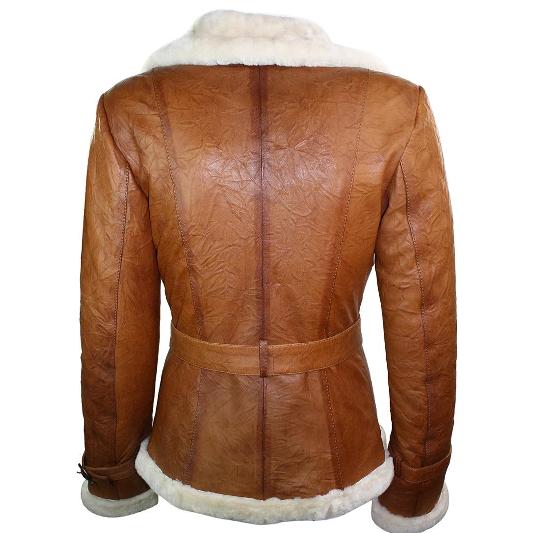 Ladies Women Real Shearling Sheepskin Aviator Tan Brown Leather Jacket - Knighthood Store