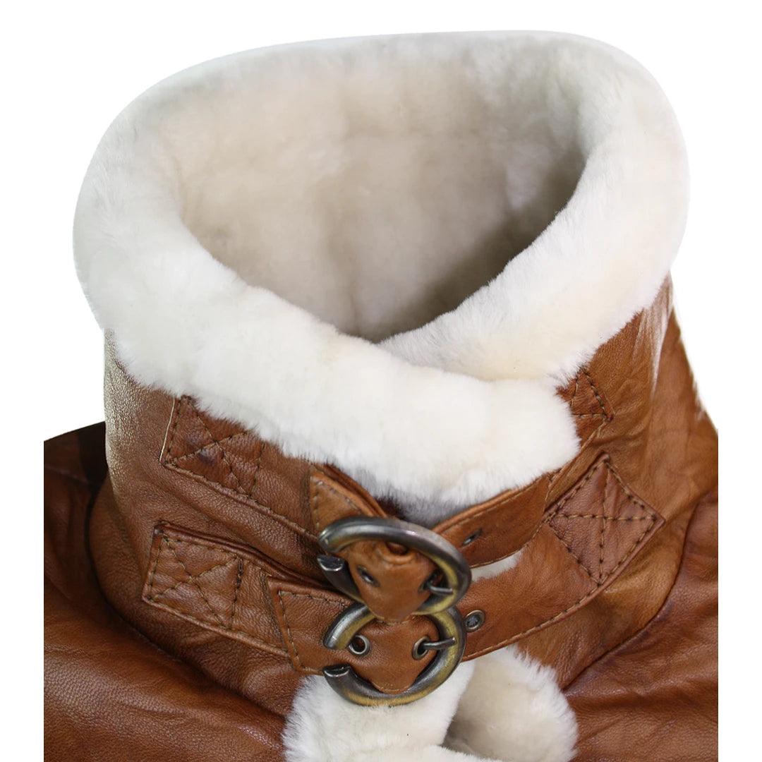 Ladies Women Real Shearling Sheepskin Aviator Tan Brown Leather Jacket - Knighthood Store