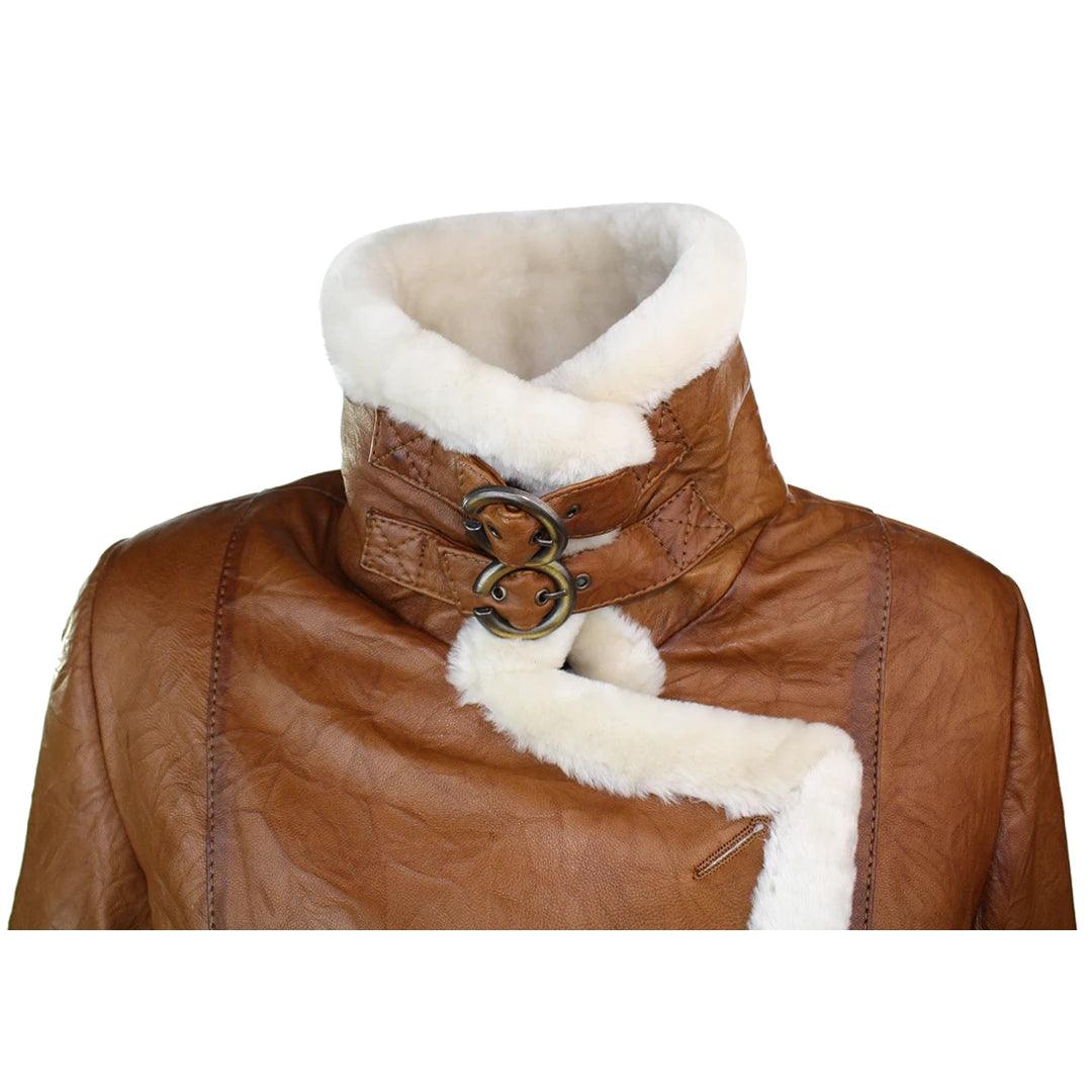 Ladies Women Real Shearling Sheepskin Aviator Tan Brown Leather Jacket - Knighthood Store