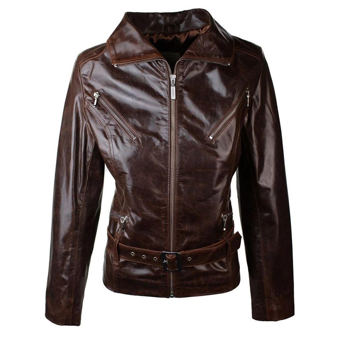 Ladies Women Real Leather Biker Style Rock Belted Vintage Brown Jacket - Knighthood Store