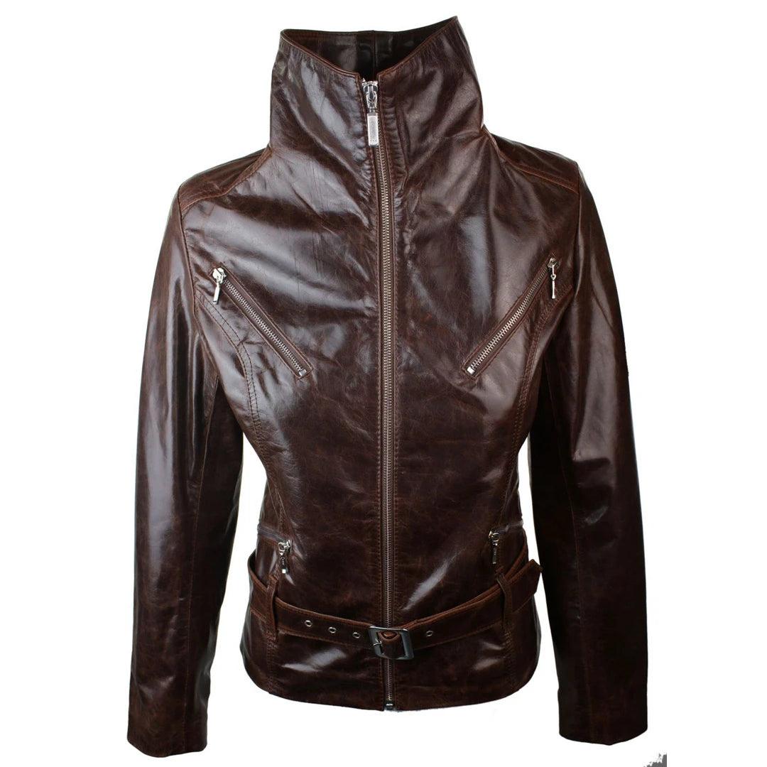 Ladies Women Real Leather Biker Style Rock Belted Vintage Brown Jacket - Knighthood Store