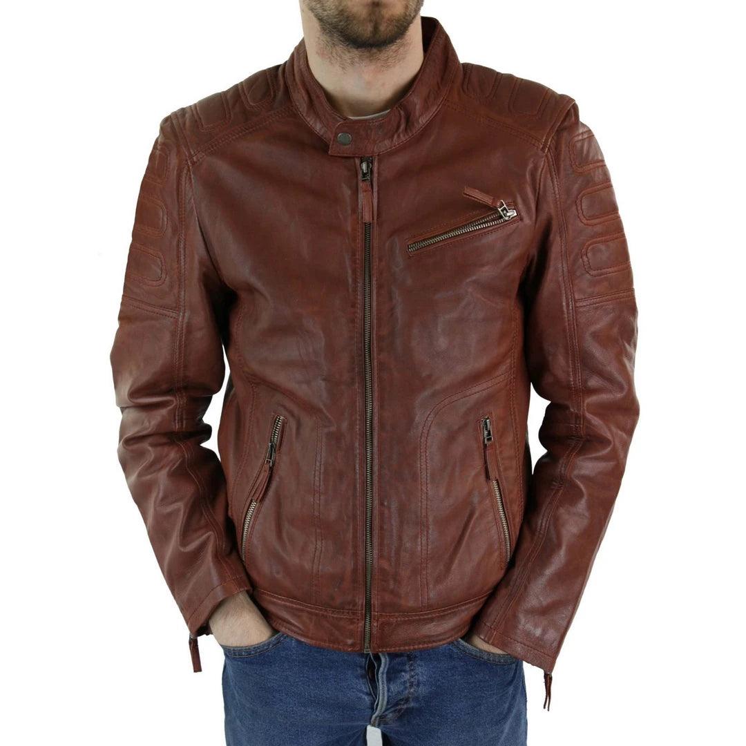 Mens Tan Brown Short Biker Real Leather Jacket Vintage Tailored Fit Genuine - Knighthood Store