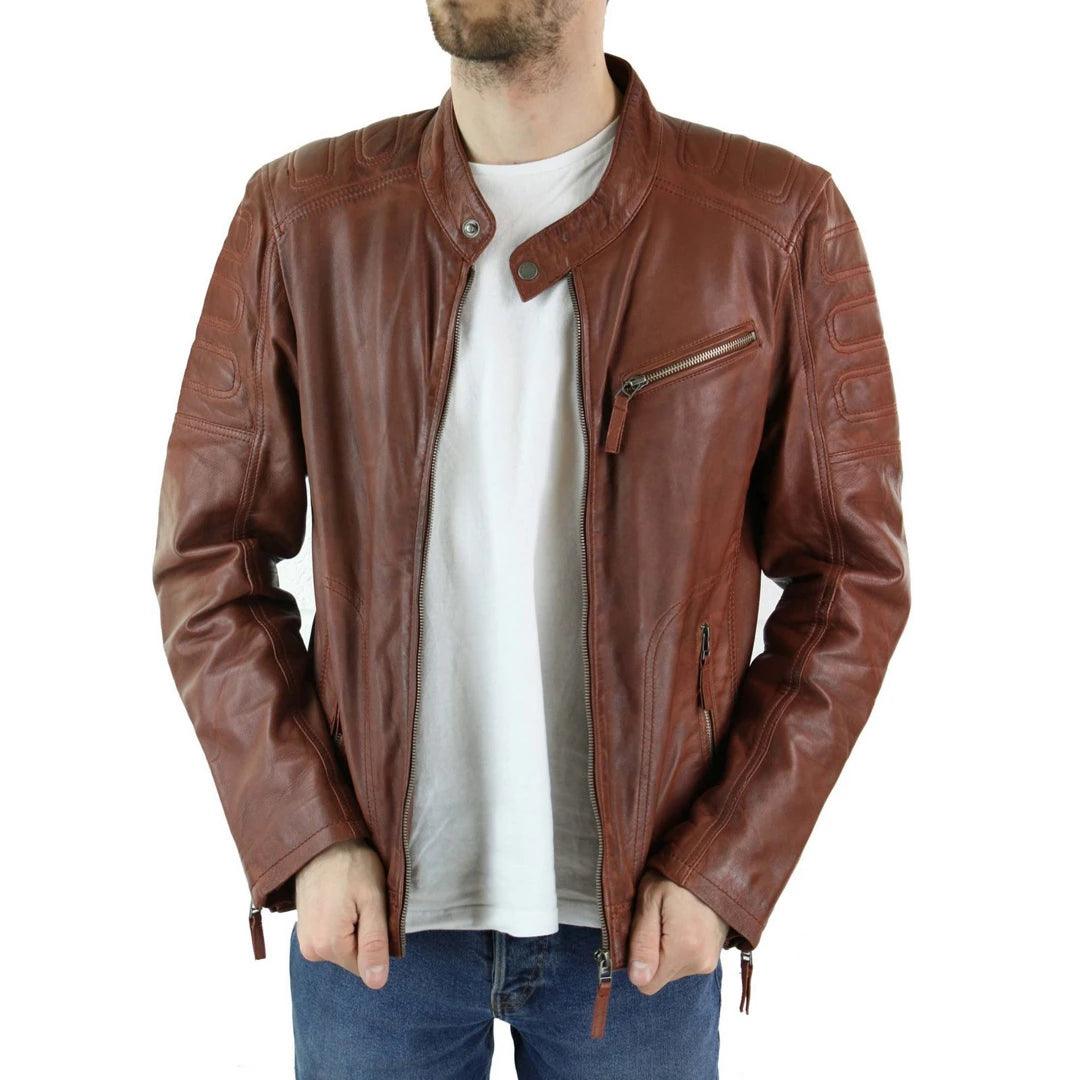 Mens Tan Brown Short Biker Real Leather Jacket Vintage Tailored Fit Genuine - Knighthood Store