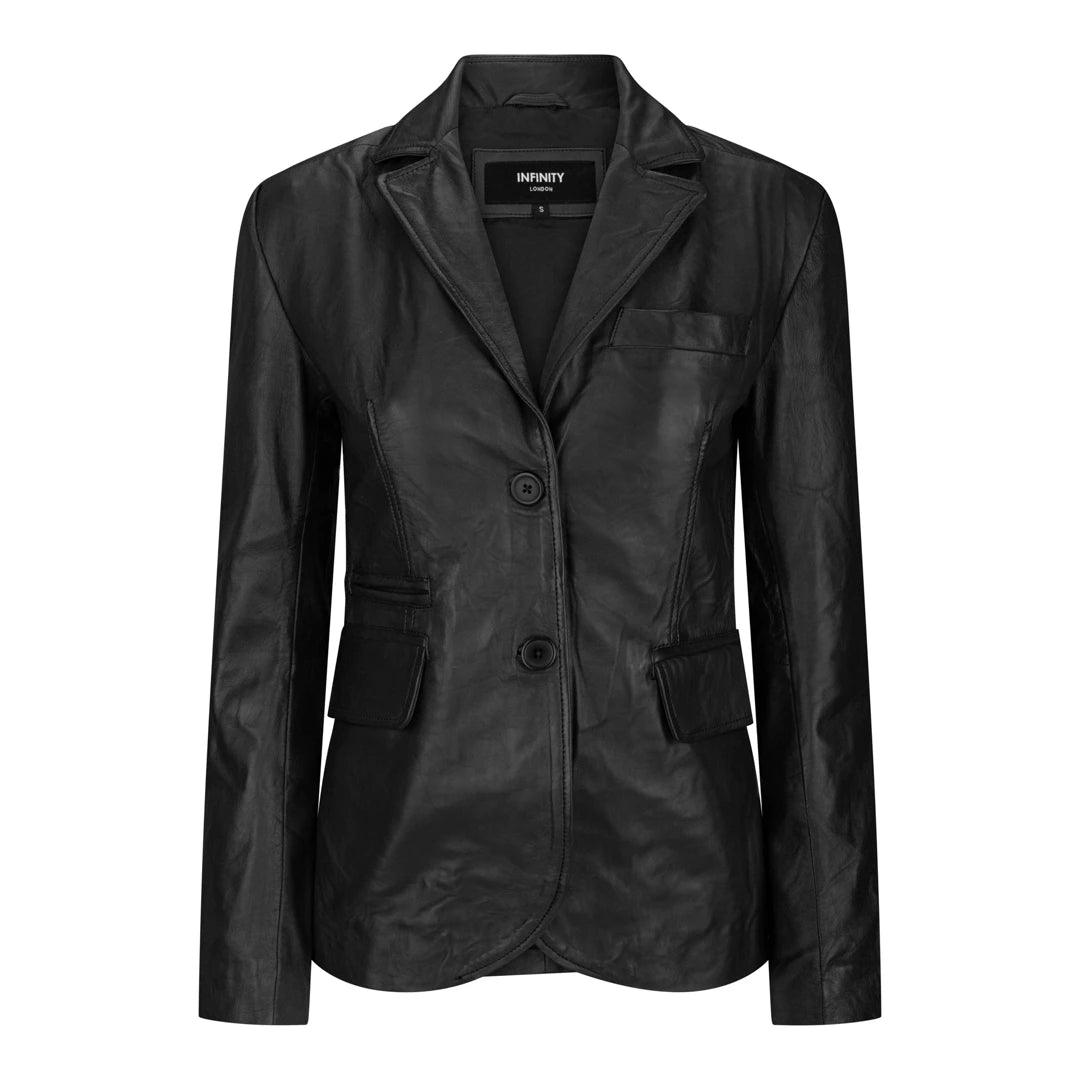 Ladies Women Real Black Leather slim Fit Blazer Jacket - Knighthood Store