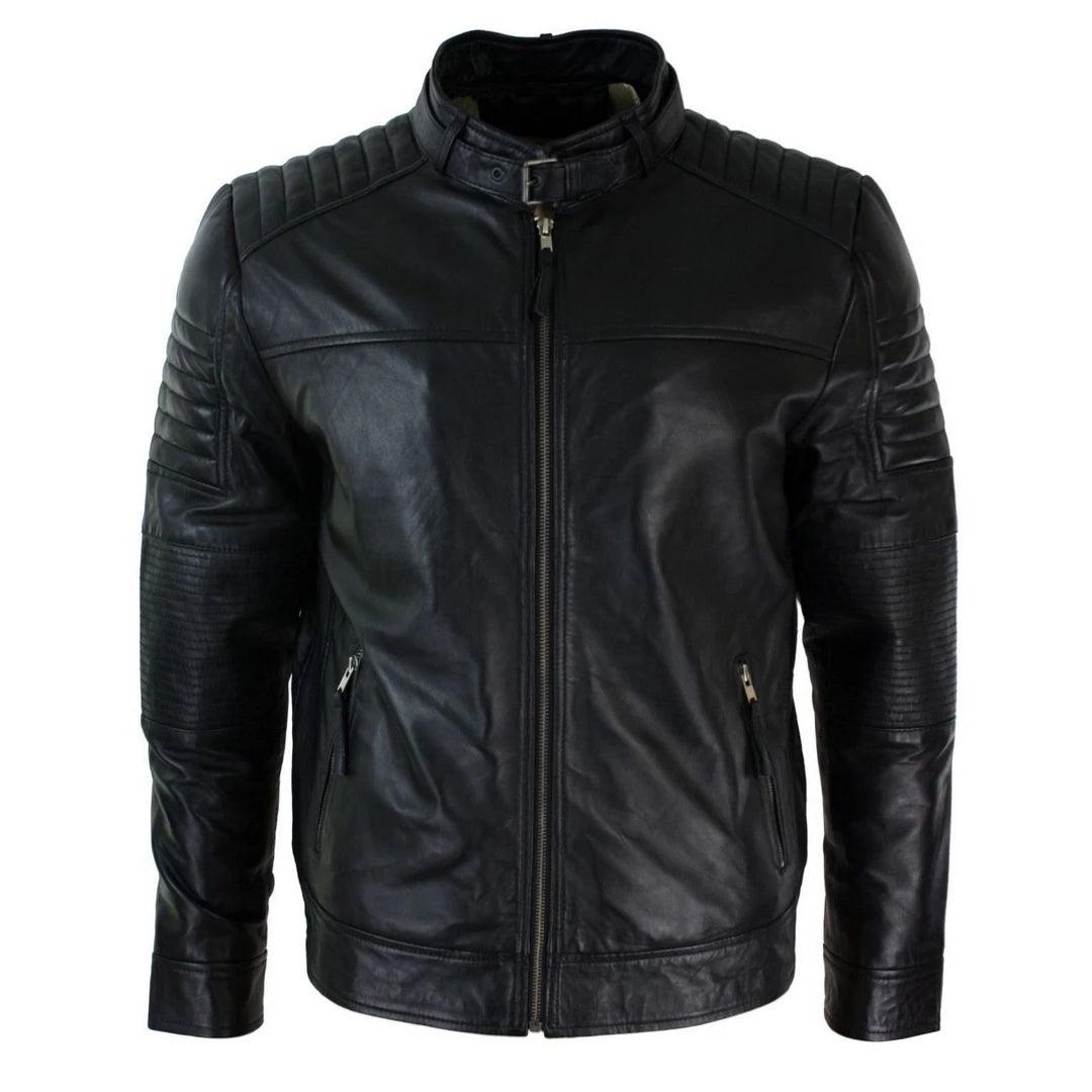 Aviatrix Mens Genuine Real Leather Black Biker Jacket Retro Vintage Tailored Fit - Knighthood Store