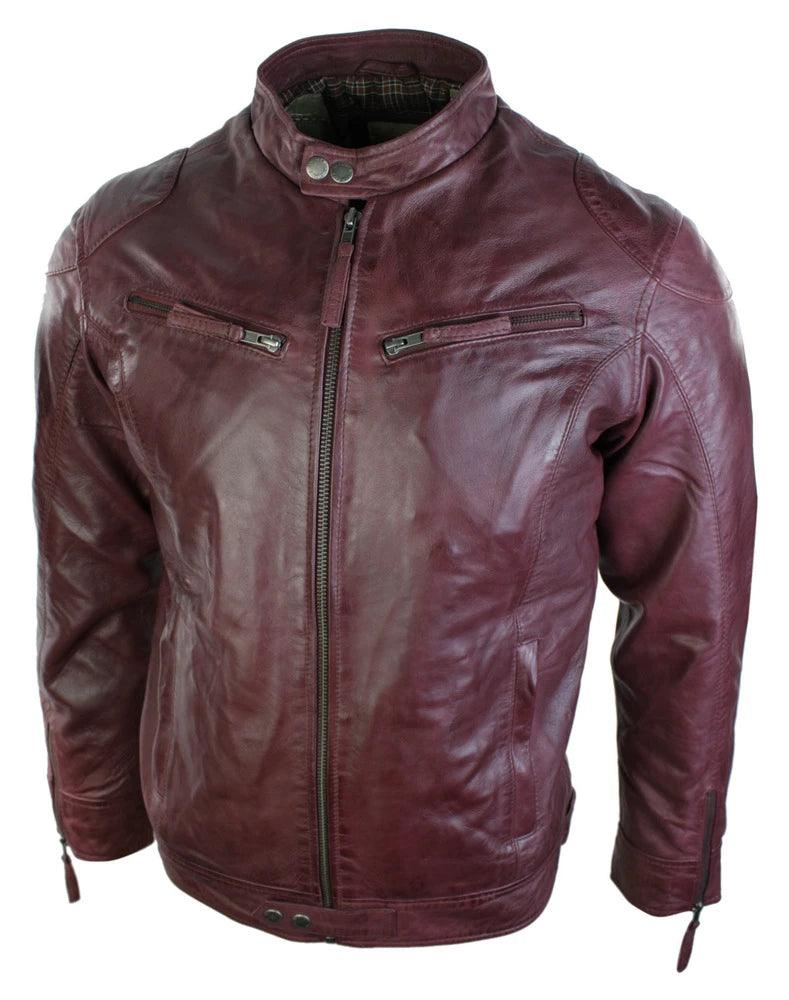 Mens Real Leather Jacket Biker Style Vintage Burgandy Wine Zip Pockets Casual Retro - Knighthood Store