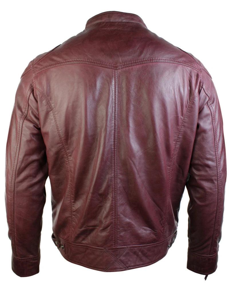 Mens Real Leather Jacket Biker Style Vintage Burgandy Wine Zip Pockets Casual Retro - Knighthood Store
