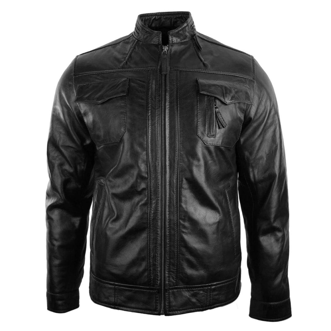 Mens Short Zipped Casual Wine Burgundy Real Leather Retro Biker Jacket Washed Vintage - Knighthood Store