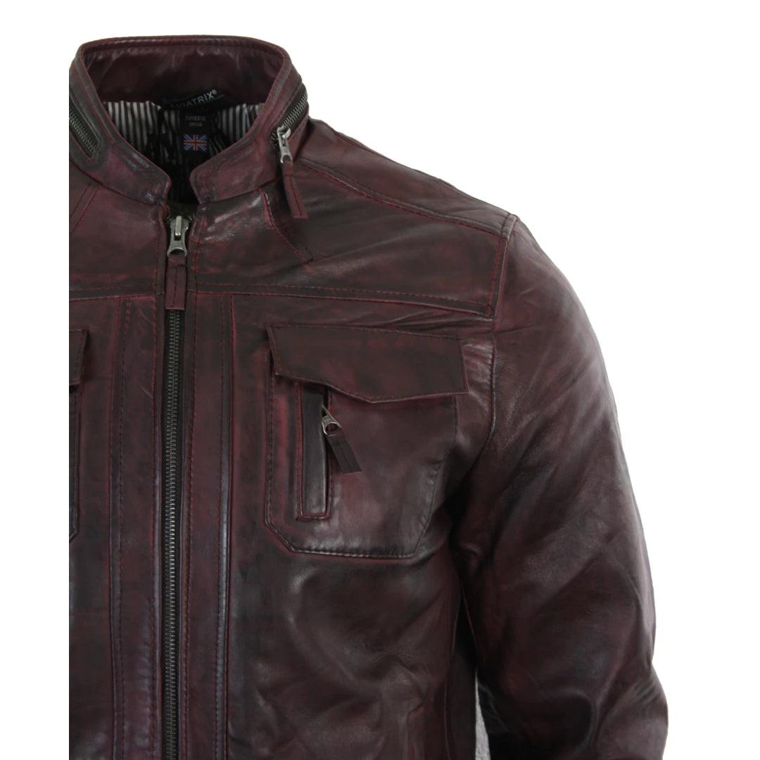 Mens Short Zipped Casual Wine Burgundy Real Leather Retro Biker Jacket Washed Vintage - Knighthood Store