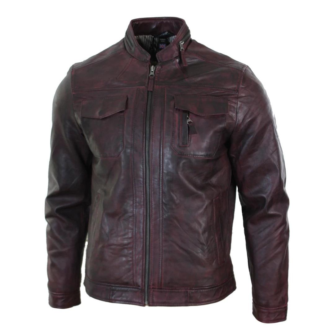Mens Short Zipped Casual Wine Burgundy Real Leather Retro Biker Jacket Washed Vintage - Knighthood Store
