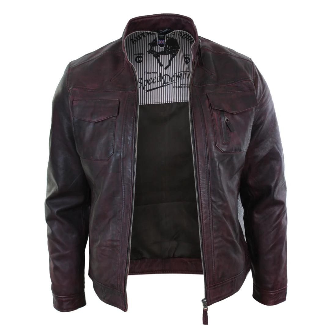 Mens Short Zipped Casual Wine Burgundy Real Leather Retro Biker Jacket Washed Vintage - Knighthood Store