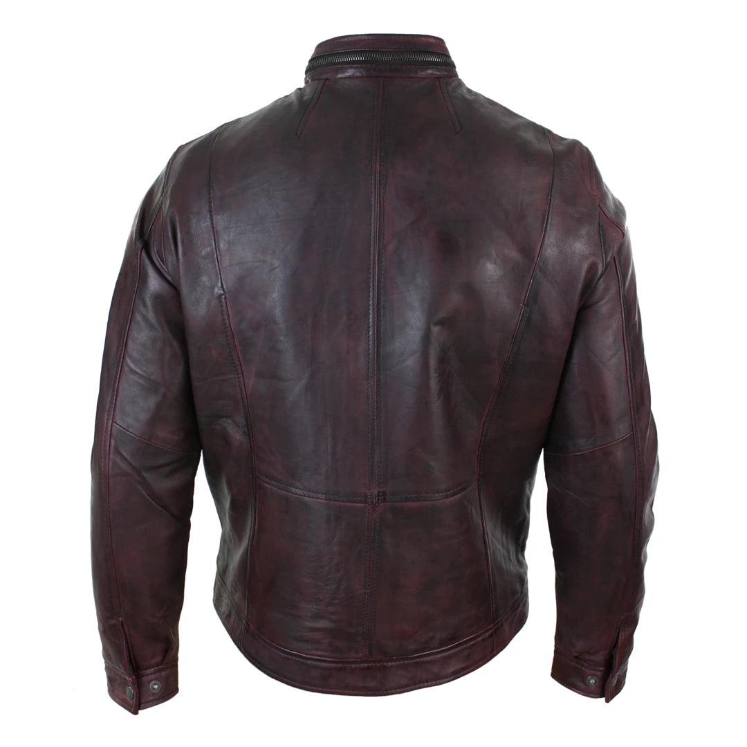 Mens Short Zipped Casual Wine Burgundy Real Leather Retro Biker Jacket Washed Vintage - Knighthood Store