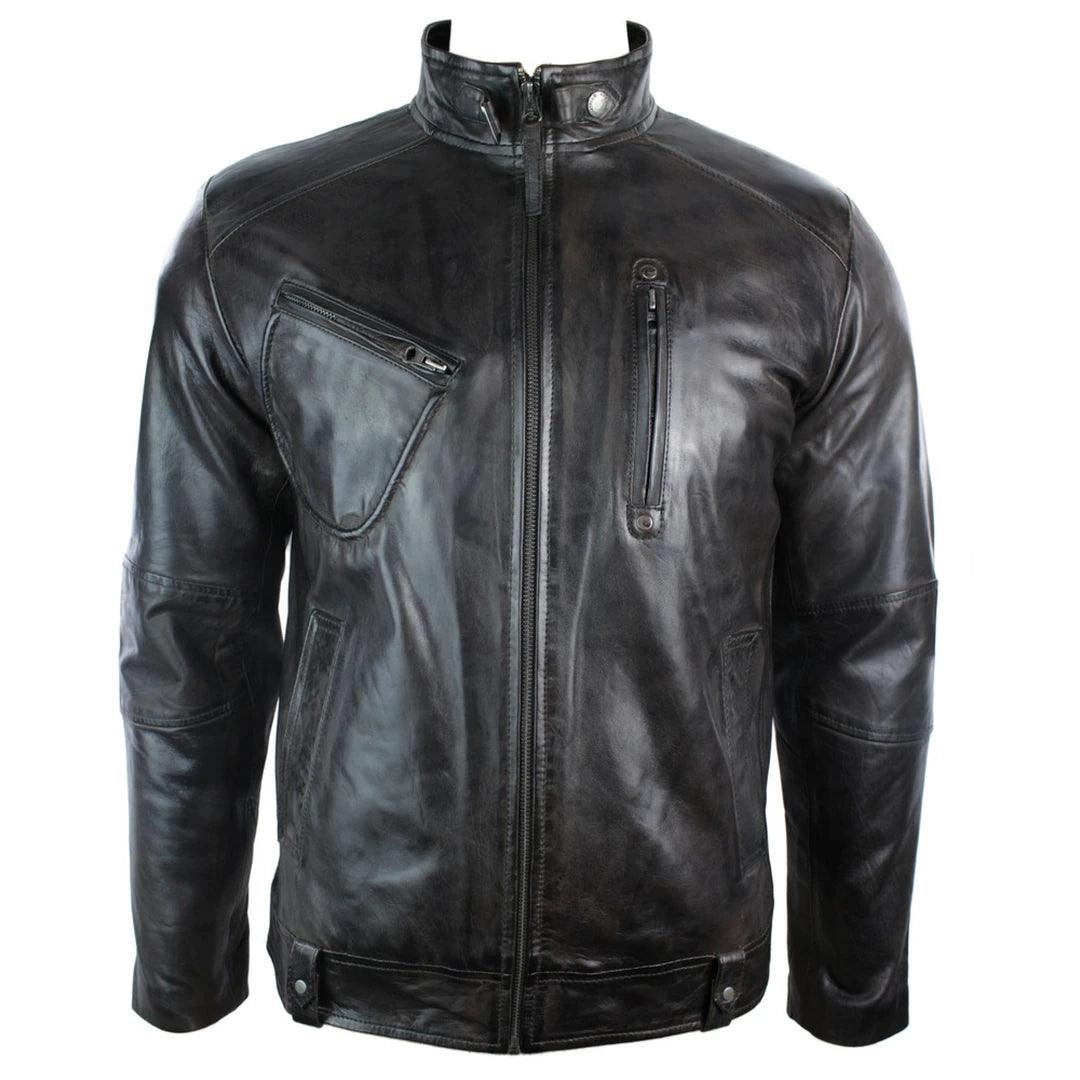 Mens Real Leather Biker Jacket Vintage Dark Brown Zipped Funky Retro Casual - Knighthood Store