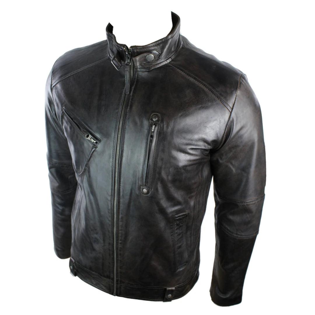 Mens Real Leather Biker Jacket Vintage Dark Brown Zipped Funky Retro Casual - Knighthood Store