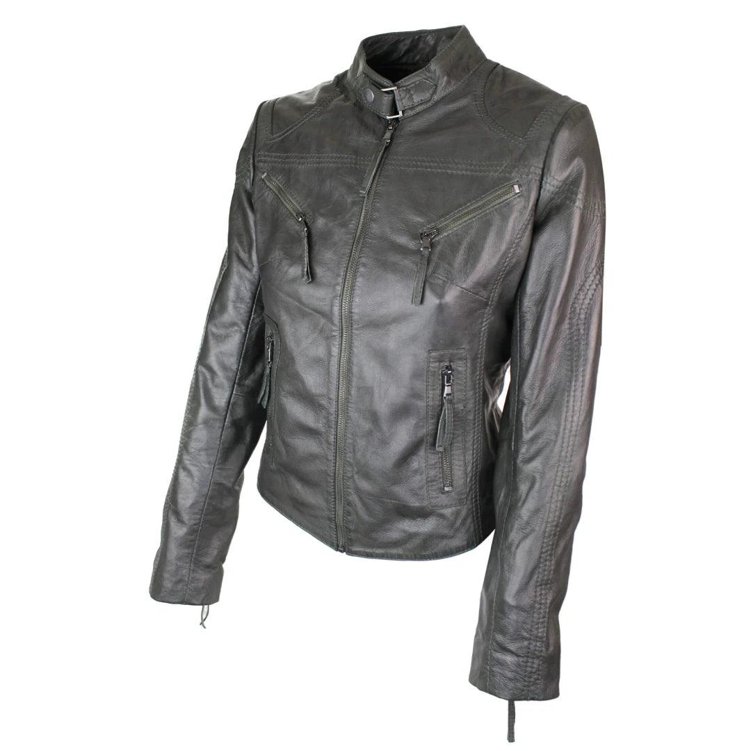 Ladies Womens Real Leather Vintage Slim Fit Biker Leather Jacket - Knighthood Store