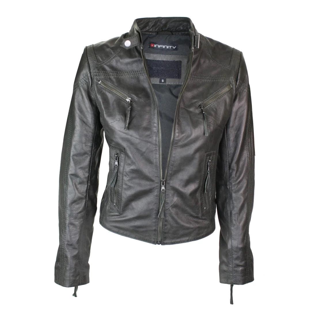 Ladies Womens Real Leather Vintage Slim Fit Biker Leather Jacket - Knighthood Store