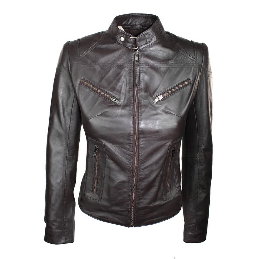 Ladies Womens Real Leather Vintage Slim Fit Biker Leather Jacket - Knighthood Store