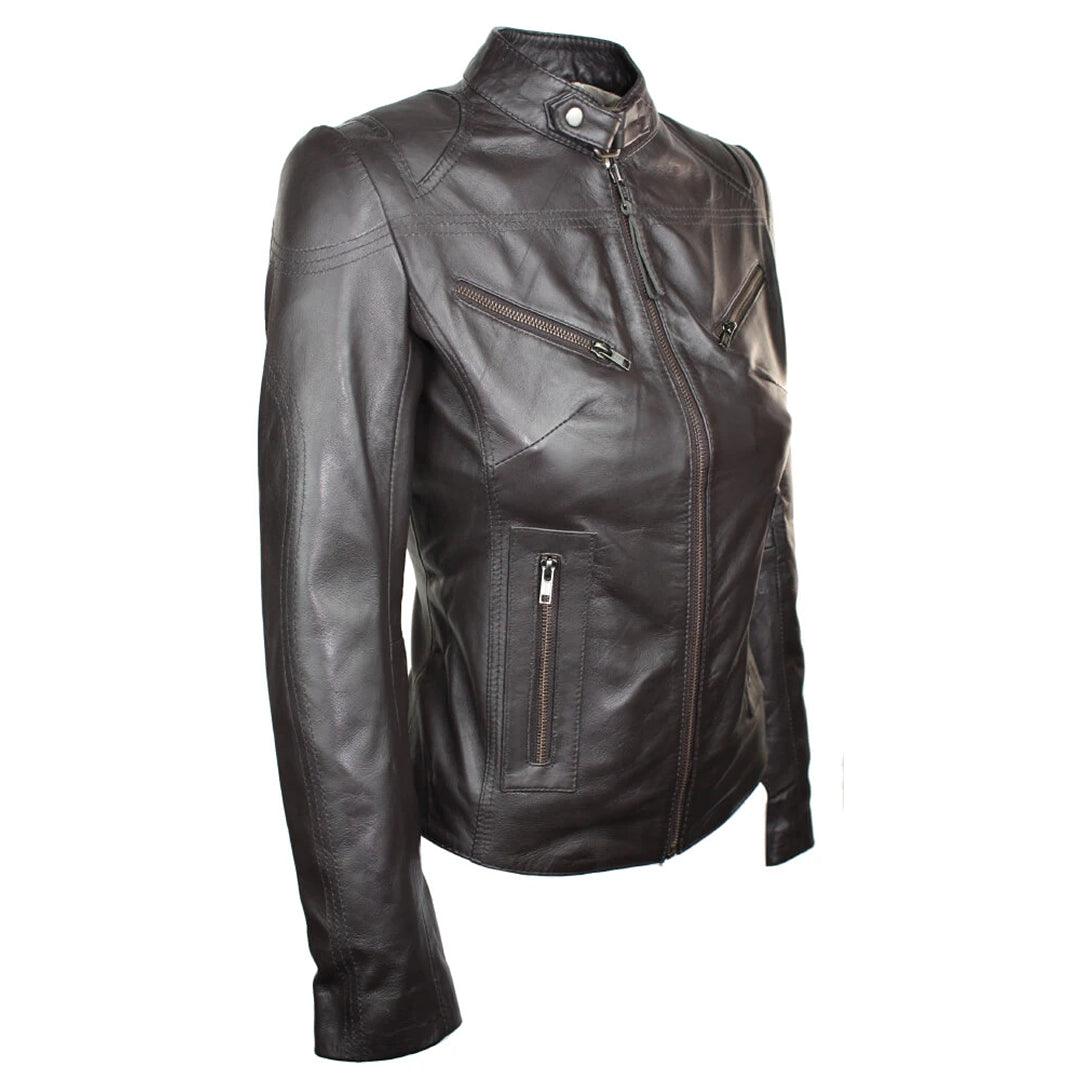 Ladies Womens Real Leather Vintage Slim Fit Biker Leather Jacket - Knighthood Store