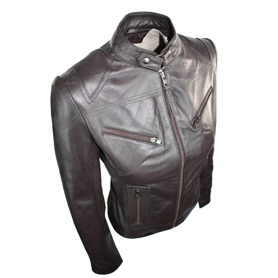 Ladies Womens Real Leather Vintage Slim Fit Biker Leather Jacket - Knighthood Store