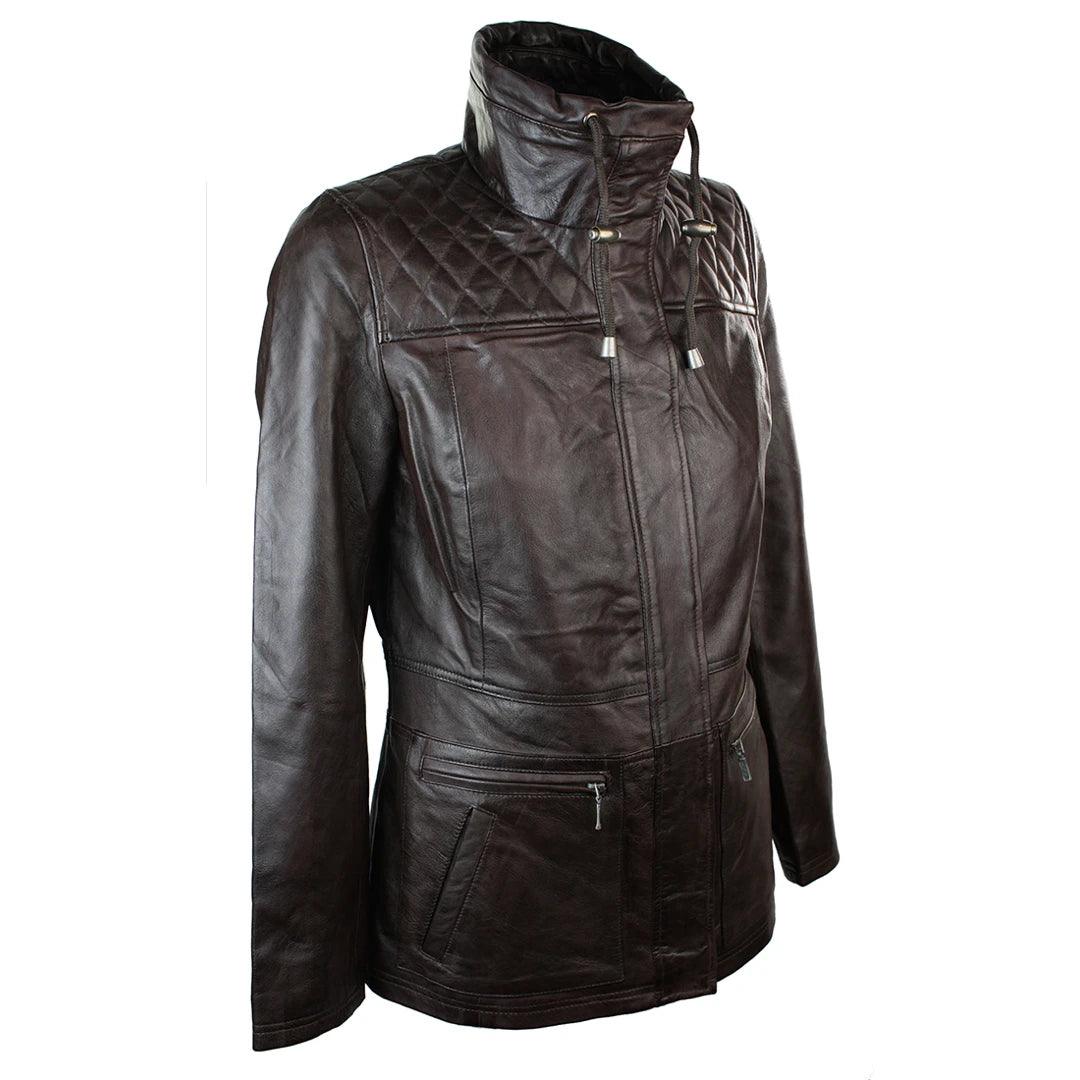 Ladies Women Real Leather Mid Length Brown Jacket Trench Coat - Knighthood Store