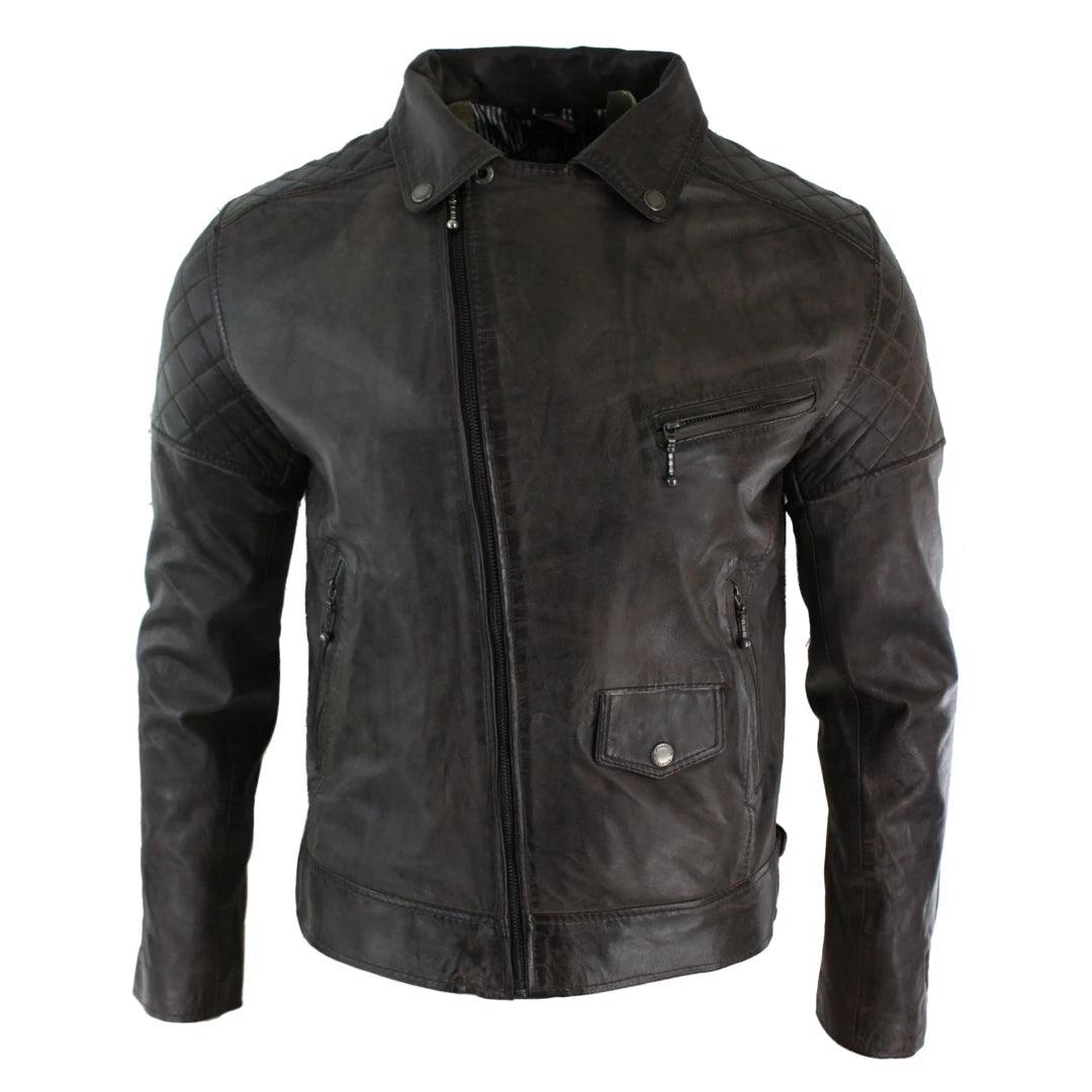 Mens Vintage Washed Tan Brown Real Leather Biker Jacket Cross Zip Retro Casual - Knighthood Store