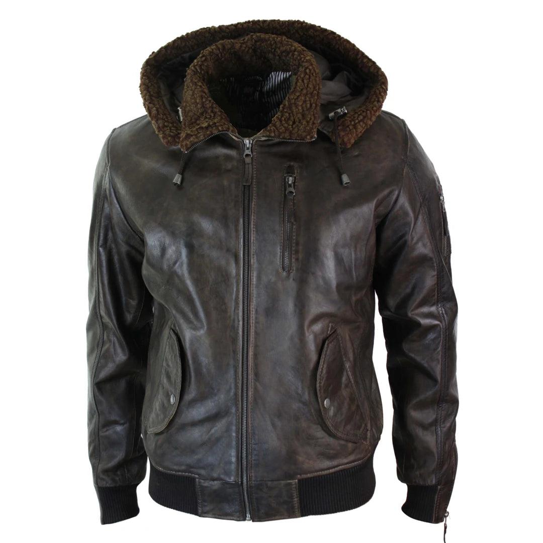 Mens Real Leather Hood Fur Jacket Bomber Aviator Tan Brown Retro - Knighthood Store