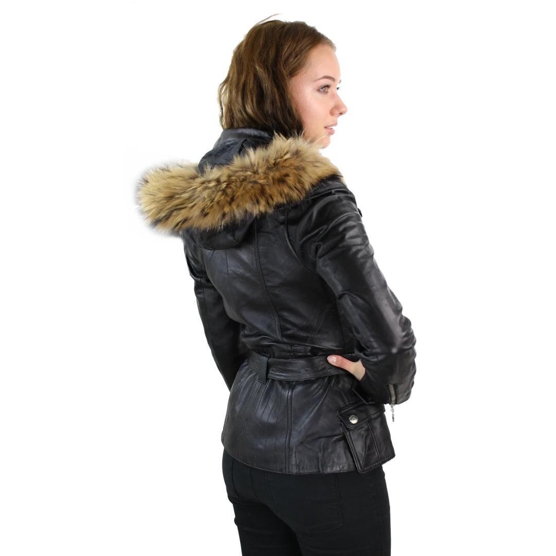 Ladies Tan Brown HOODED Parka Real Leather Jacket Winter Coat - Knighthood Store