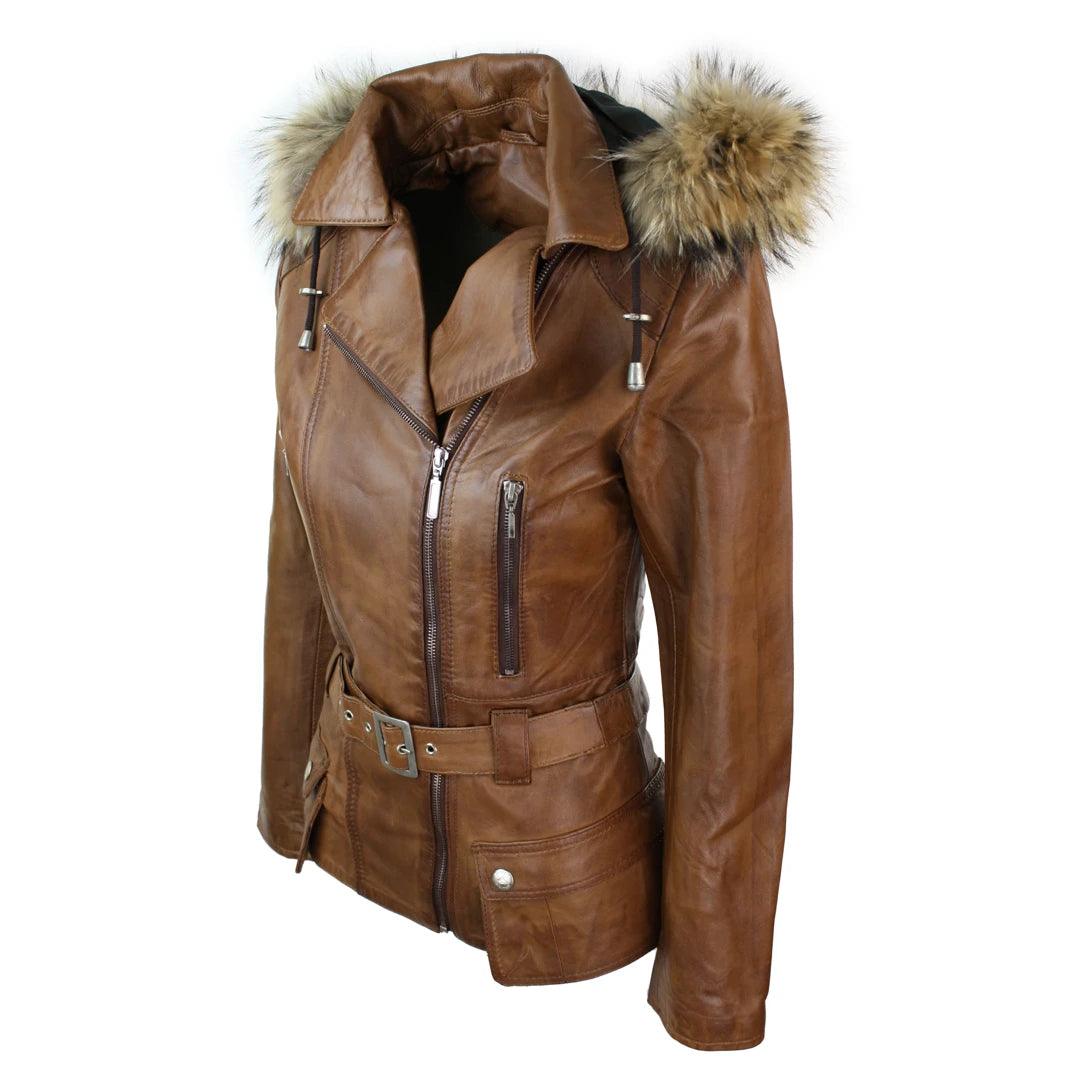 Ladies Tan Brown HOODED Parka Real Leather Jacket Winter Coat - Knighthood Store