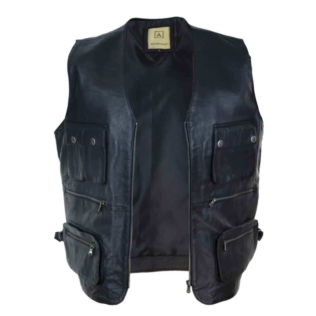 Mens Black Real Leather Fisherman Waistcoat Multi Pocket Combat Fishing Hunting - Knighthood Store