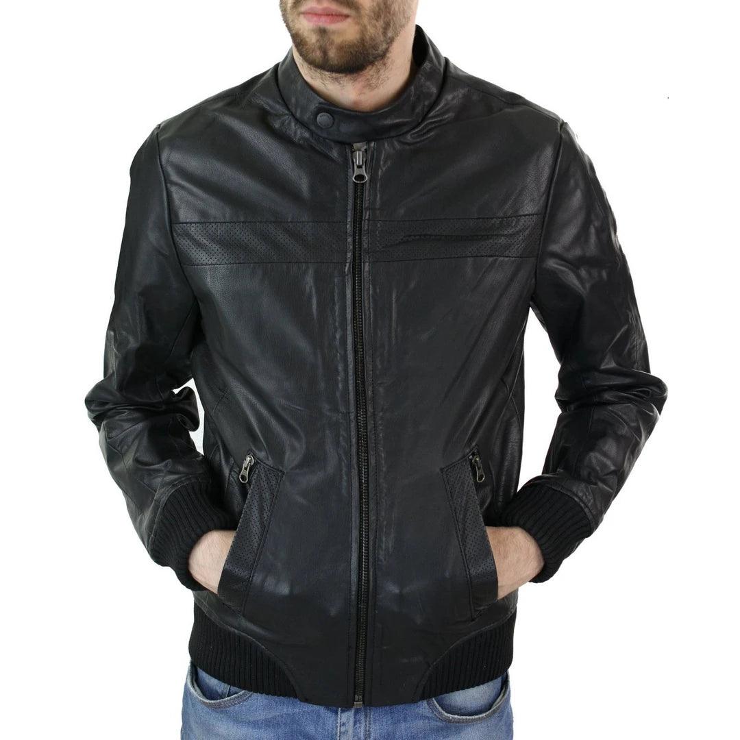 Mens Slim Fit Black Retro Smart Casual Real Leather Bomber Jacket Collarless - Knighthood Store