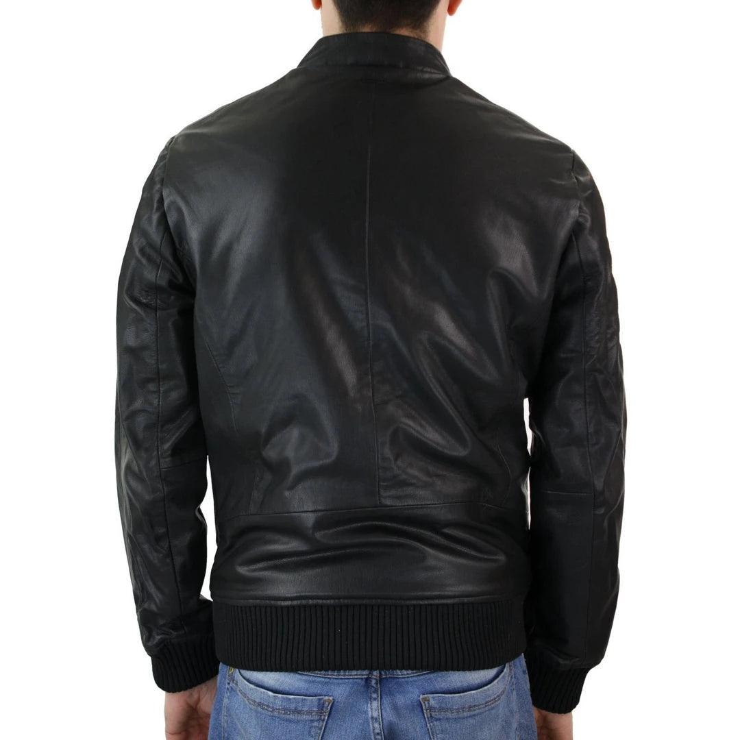 Mens Slim Fit Black Retro Smart Casual Real Leather Bomber Jacket Collarless - Knighthood Store