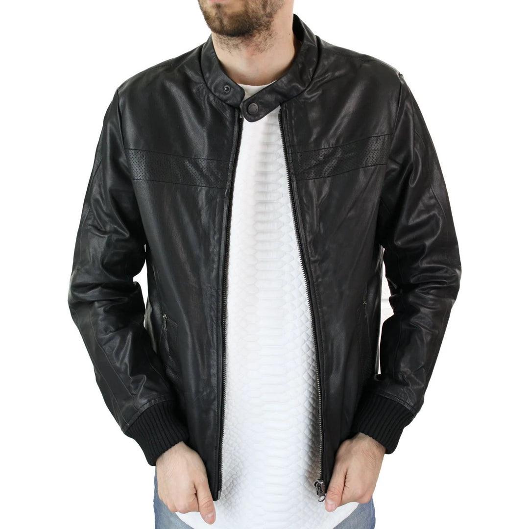 Mens Slim Fit Black Retro Smart Casual Real Leather Bomber Jacket Collarless - Knighthood Store