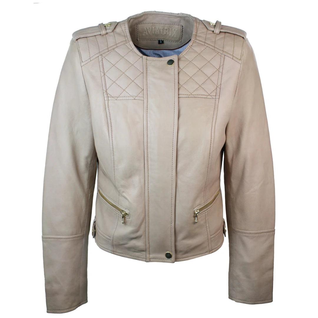 Ladies Cream Biker Style Fitted Real Lambskin Leather Jacket - Knighthood Store