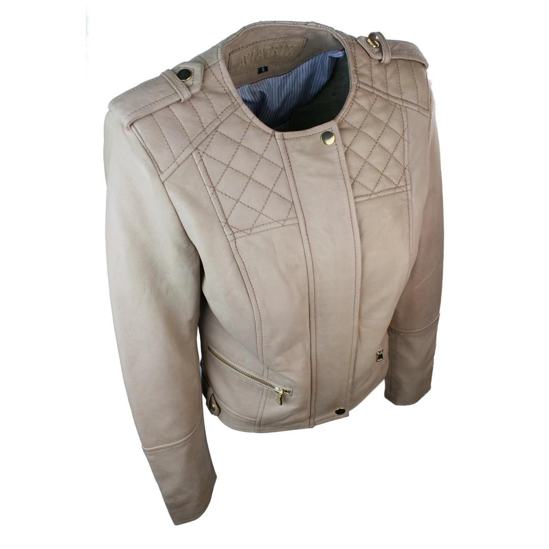 Ladies Cream Biker Style Fitted Real Lambskin Leather Jacket - Knighthood Store