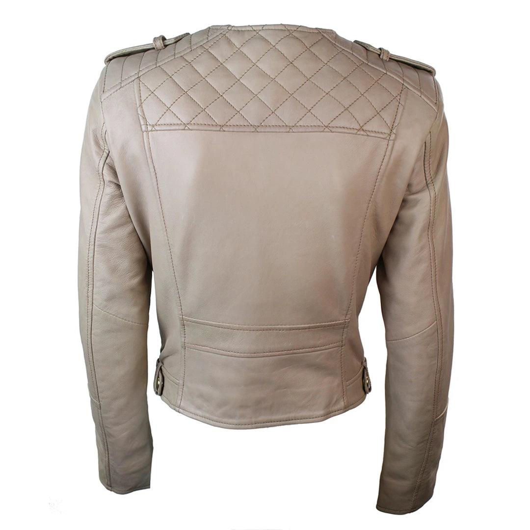 Ladies Cream Biker Style Fitted Real Lambskin Leather Jacket - Knighthood Store