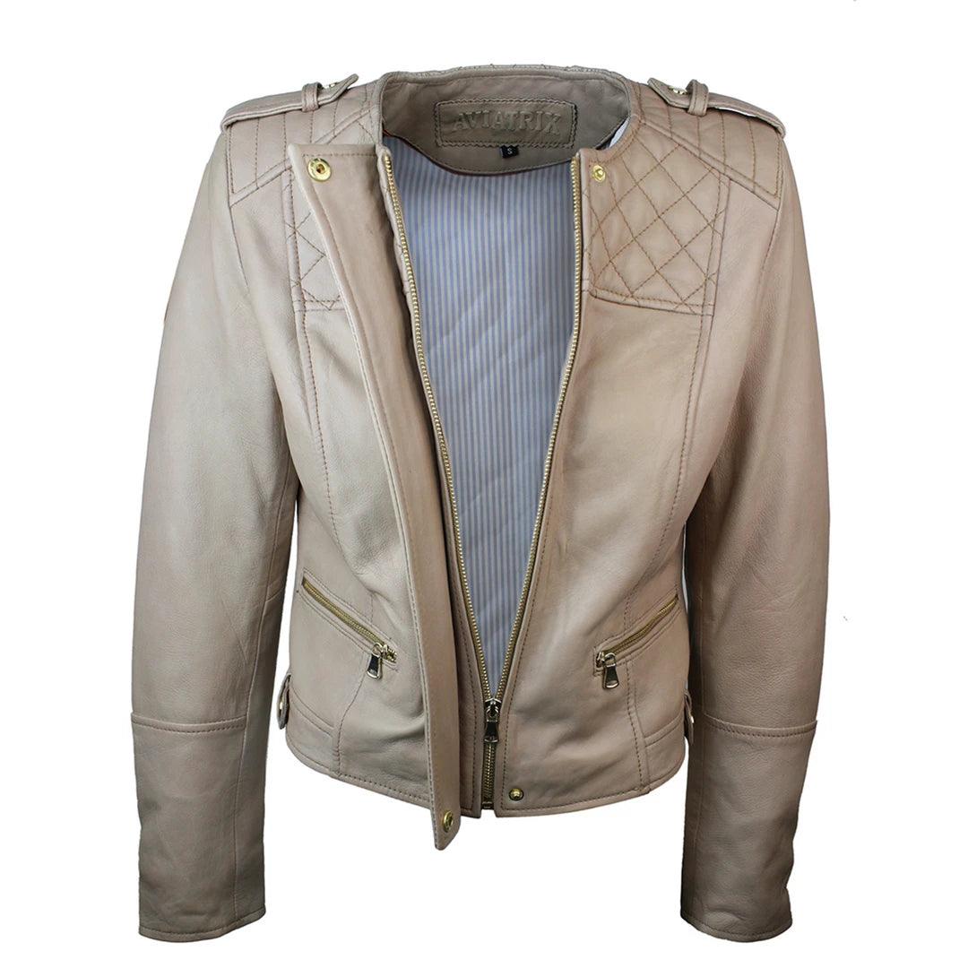 Ladies Cream Biker Style Fitted Real Lambskin Leather Jacket - Knighthood Store