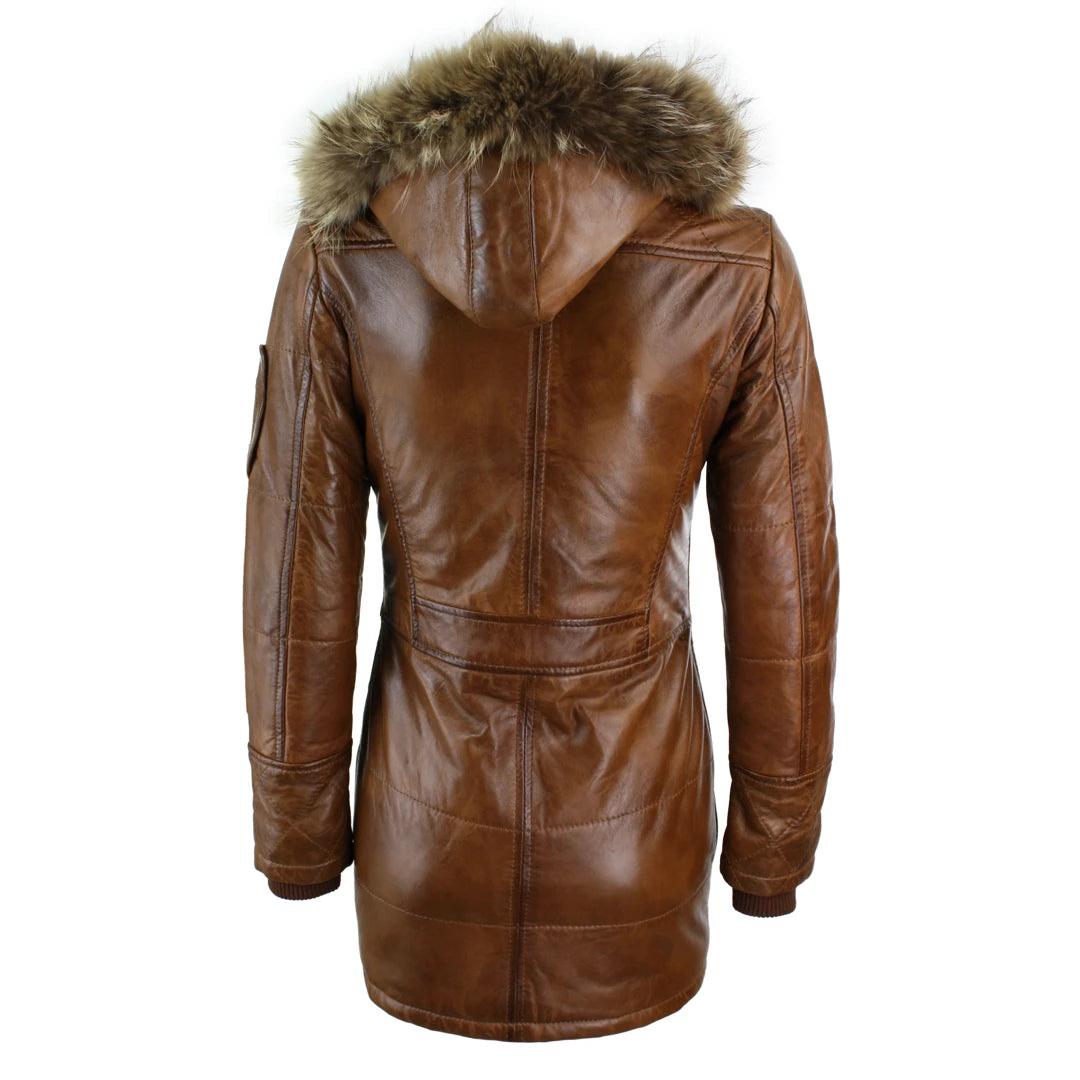 Ladies Black Real FUR HOODED Parka Real Leather Jacket Winter Coat - Knighthood Store