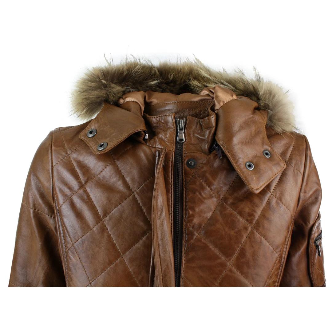 Ladies Black Real FUR HOODED Parka Real Leather Jacket Winter Coat - Knighthood Store