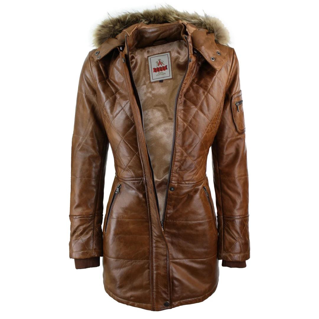 Ladies Black Real FUR HOODED Parka Real Leather Jacket Winter Coat - Knighthood Store