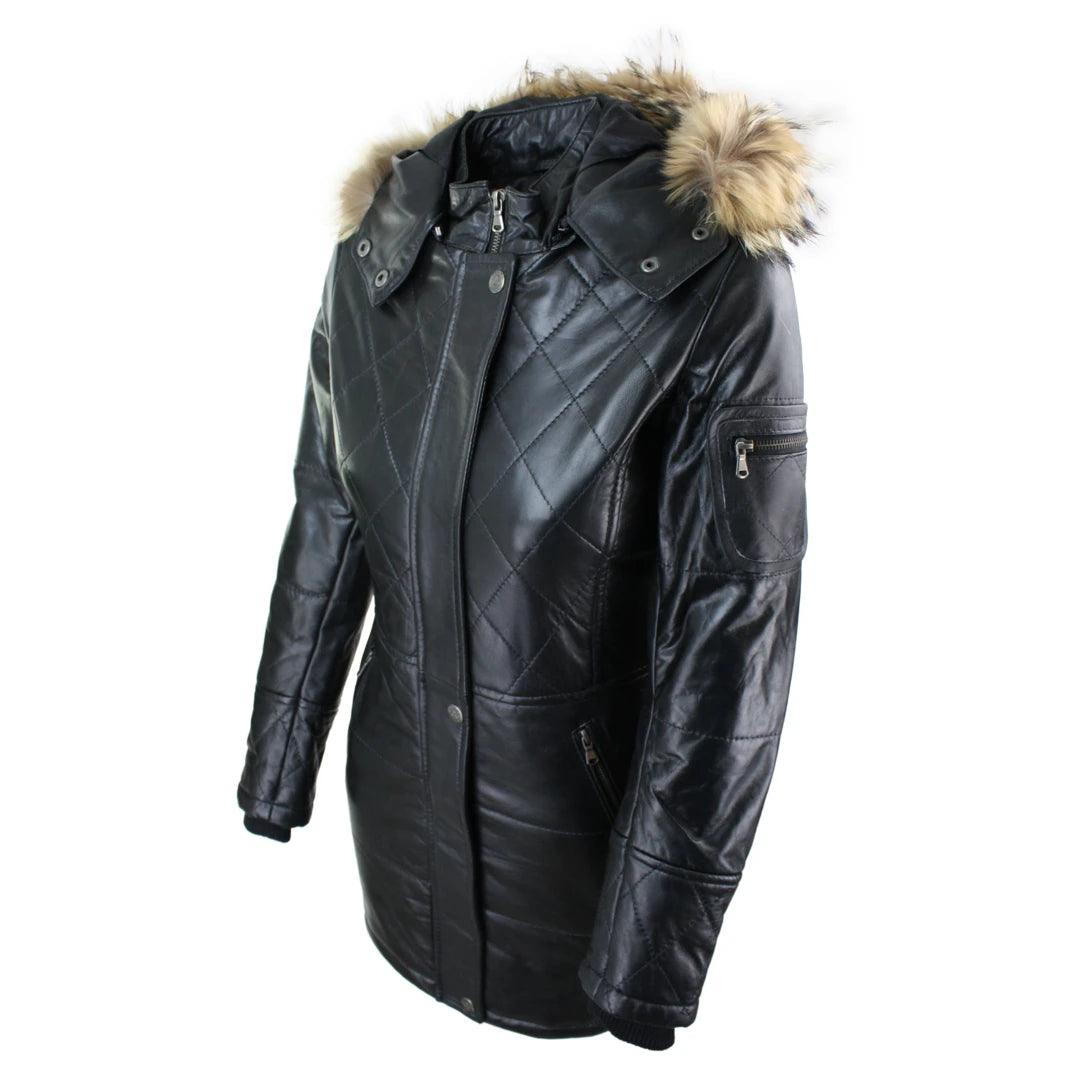 Ladies Black Real FUR HOODED Parka Real Leather Jacket Winter Coat - Knighthood Store