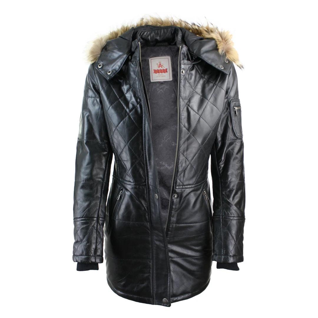 Ladies Black Real FUR HOODED Parka Real Leather Jacket Winter Coat - Knighthood Store