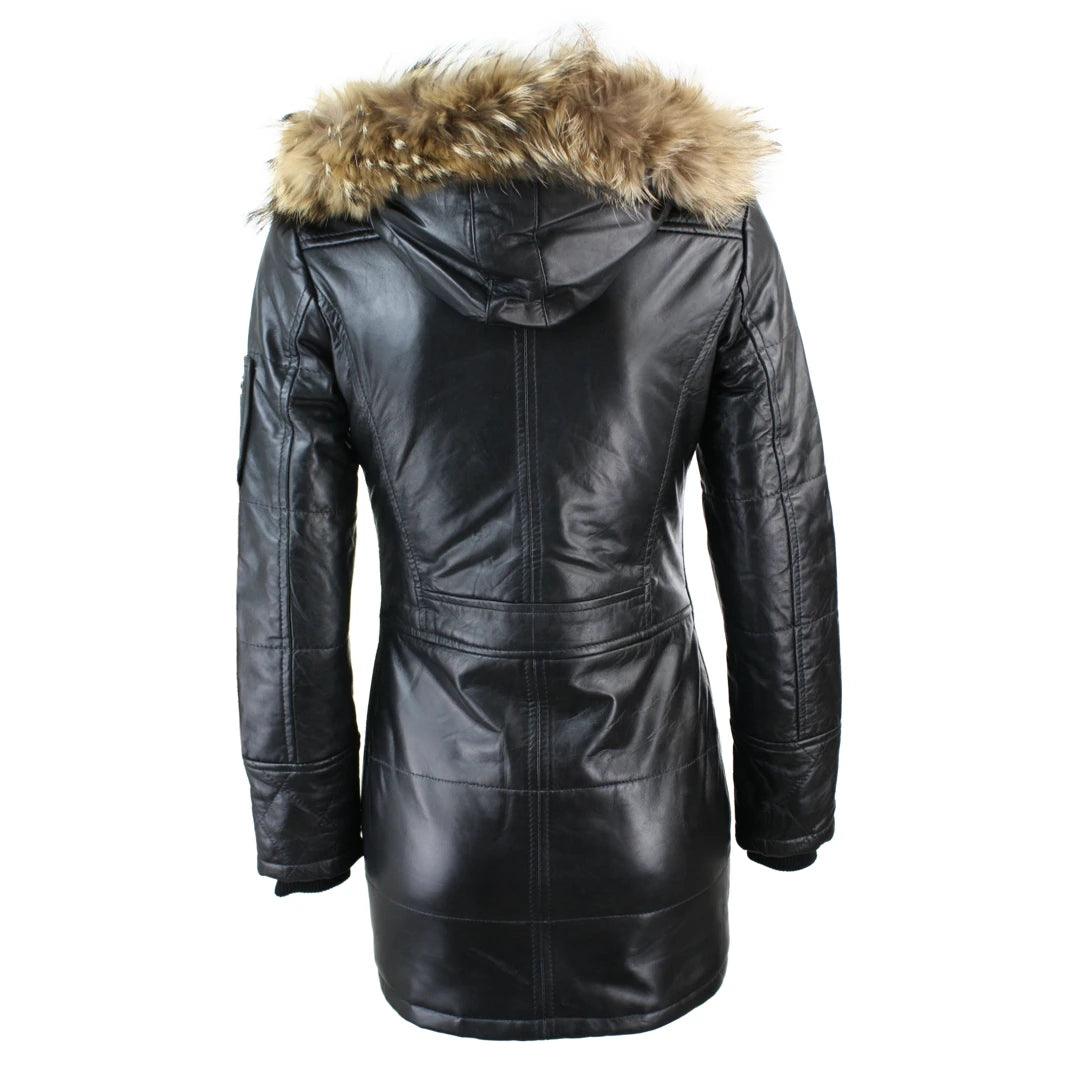 Ladies Black Real FUR HOODED Parka Real Leather Jacket Winter Coat - Knighthood Store