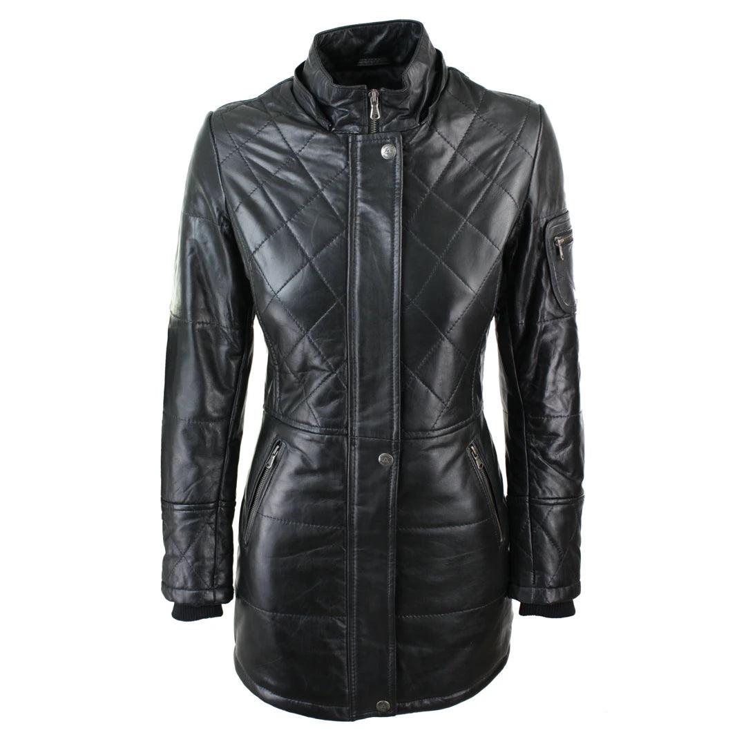 Ladies Black Real FUR HOODED Parka Real Leather Jacket Winter Coat - Knighthood Store